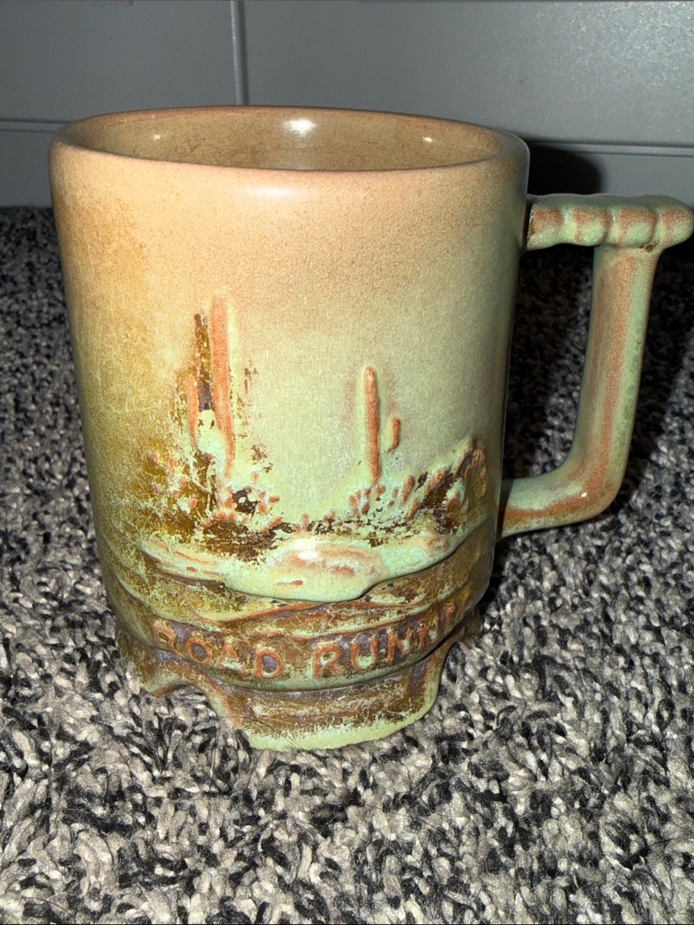 Vintage Frankoma Pottery C1 Footed Prairie Green Pedestal Mug with Roadrunner